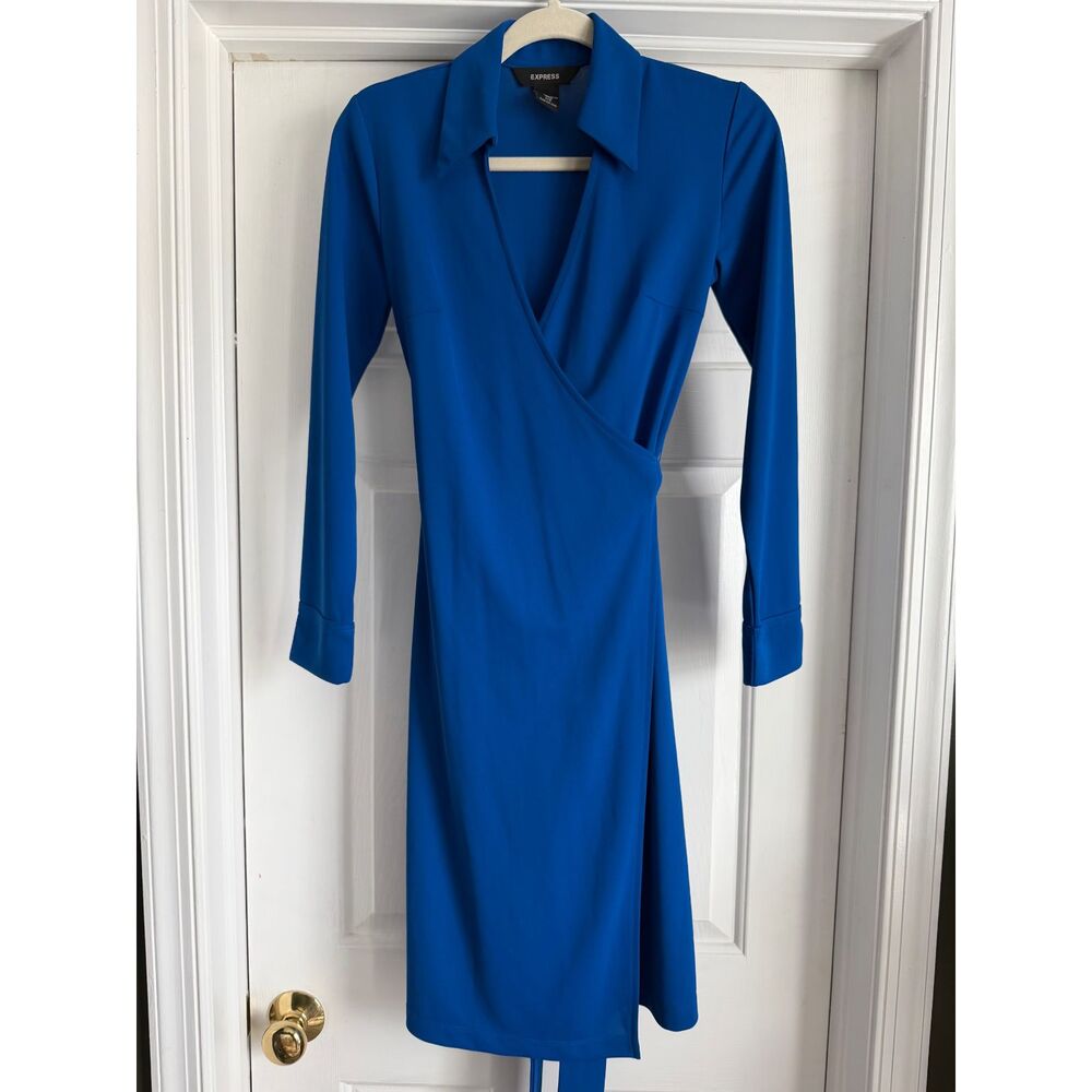 EXPRESS Royal Blue Faux Wrap Sheath Dress Long Sleeve Size 1/2